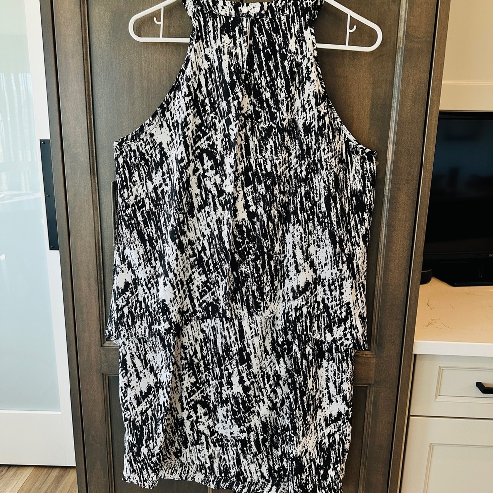 DKNYC  Black and White Sleeveless Dress With Drape Overlay, Sz 12, NWT RET $129